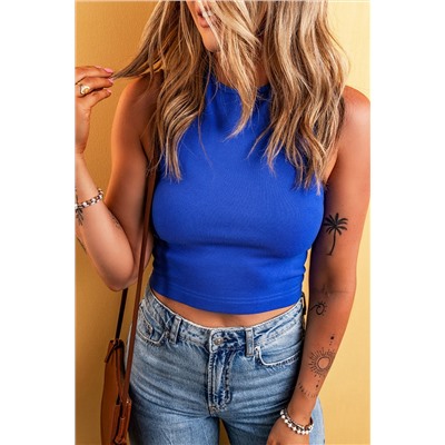 Dark Blue Ribbed Knit Racerback Crop Top