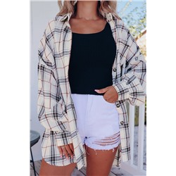 White Oversized Plaid Pattern Shacket with Slits