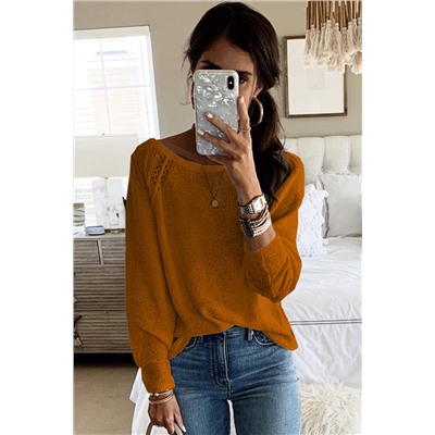 Brown Long Sleeve Cutout Shoulder Relaxed Sweater