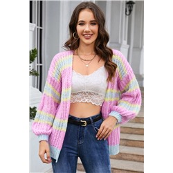 Pink Contrast Striped Open Front Cable Cardigan