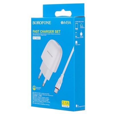 Адаптер Сетевой с кабелем Borofone BA49A Vast USB 2,1A/10W (USB/Type-C) (white)