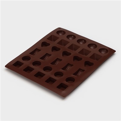 Форма для конфет и шоколада Доляна «Коробка конфет», силикон, 27×23×1,5 см, 30 ячеек (3,2×3,2 см), цвет коричневый
