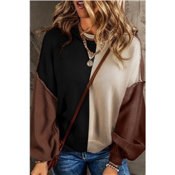 Chicory Coffee Color Block Exposed Seam Loose Fit Sweater