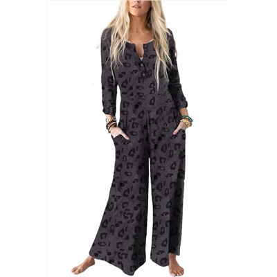 Gray Printed Buttoned Bodice Wide Leg Leopard Jumpsuit