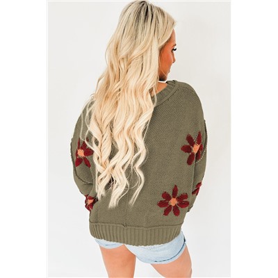 Sage Green Flower Knit Ribbed Trim V Neck Sweater