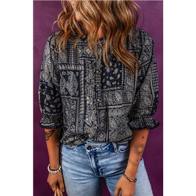 Navy Blue Vintage Boho Paisley Print 3/4 Sleeve Blouse