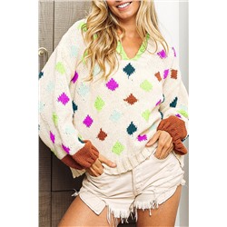 White Rhombus Pattern Colorblock V Neck Hooded Sweater