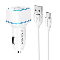 Адаптер Автомобильный с кабелем Borofone BZ14 Max 2USB/5V/2.4A +micro USB (white)