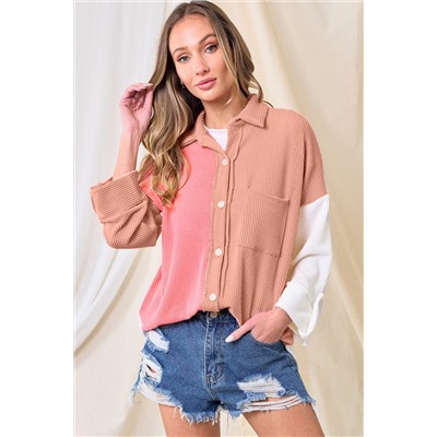 Pink Ribbed Colorblock Drop Shoulder Shirt with Pocket