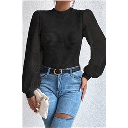 Black Sunflower Mesh Bubble Sleeve Waffle Knit Top