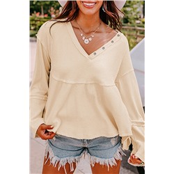 White Waffle Knit Button Detail Exposed Seam Flowy Top