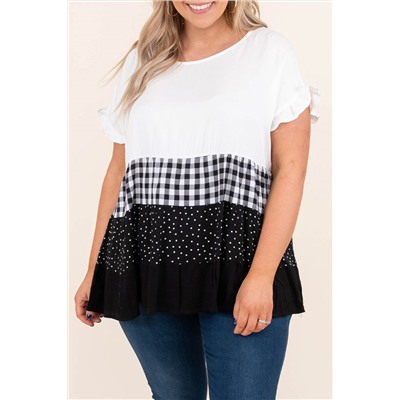 White Plaid Dot Ruffled Plus Size Babydoll Top