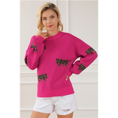 Rose Red Fierce Animal Pattern Casual Knitted Sweater