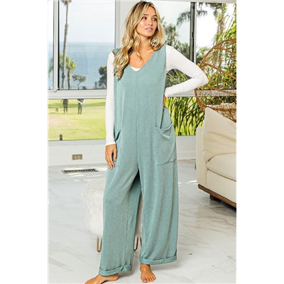 Moonlight Jade Corded Tie Straps V Neck Wide Leg Jumpsuit