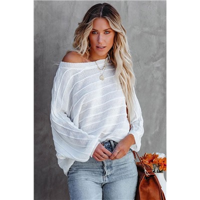 White 3/4 Dolman Sleeve Rib Knitted Sweater