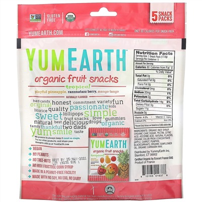 YumEarth, органические фруктовые снеки, тропические фрукты, 5 упаковок, 17,6 г (0,62 унции) в каждой