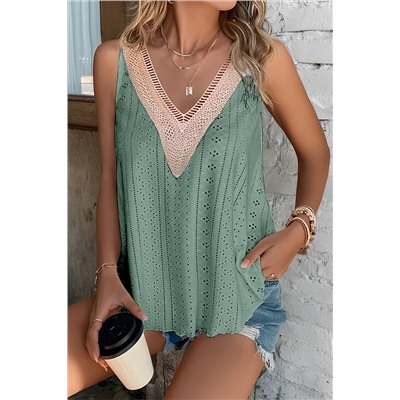 Mist Green Lace Crochet Splicing V Neck Loose Fit Tank Top