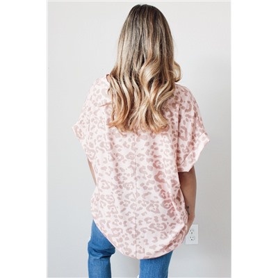 Pink Leopard Print Loose Fit V Neck T Shirt