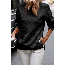 Black Pale Chestnut Side Buttons Cable Textured Sweatshirt