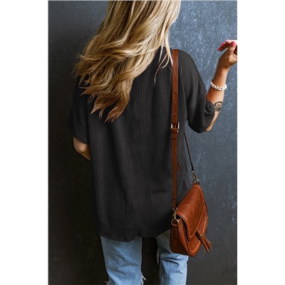 Black Corded V Neck Chest Pocket Loose T-shirt