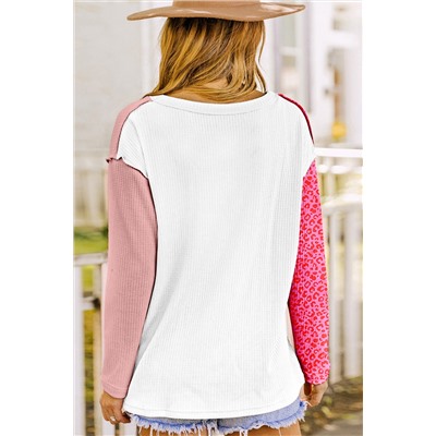 Pink Waffle Knit Exposed Seam Leopard Colorblock Print Top