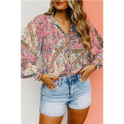 Chestnut Vintage Floral Print Puff Sleeve Buttoned Shirt