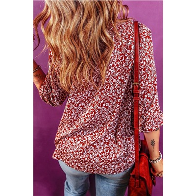 Biking Red Floral Print Smocked Tie Neck Blouse