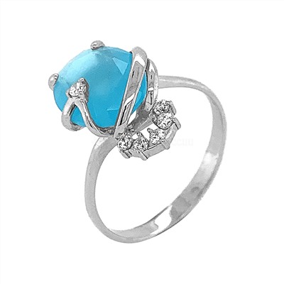 Кольцо из серебра с пл.кварцем цв.лунный голубой и фианитами родированное 925 пробы 10-124р136