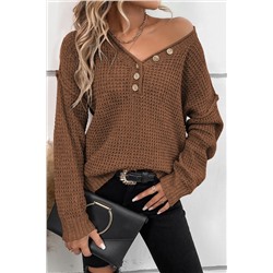 Coffee Pointelle Knit Button V Neck Drop Shoulder Sweater