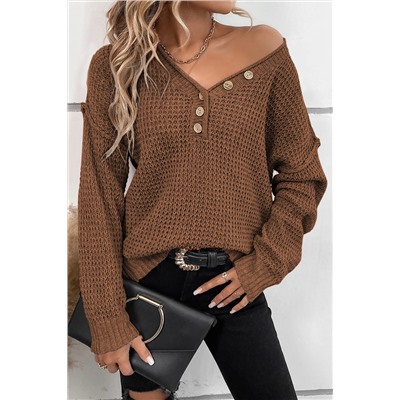 Coffee Pointelle Knit Button V Neck Drop Shoulder Sweater