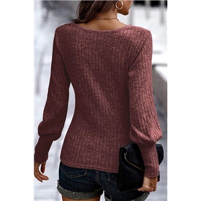 Mineral Fiery Red Ribbed Bishop Sleeve Round Neck Top