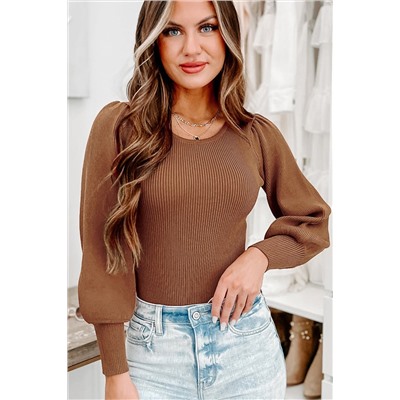 Brown Ribbed Balloon Sleeve Bodysuit