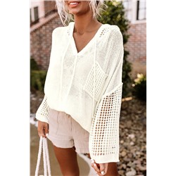 White Open Knit Long Sleeve Pocketed Hooded Sweater