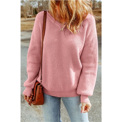 Pink V Neck Drop Shoulder Knitted Sweater