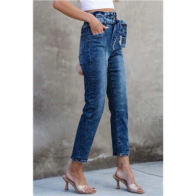 Blue Seamed Stitching High Waist Knot Skinny Jeans