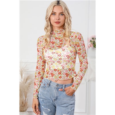 Multicolor Floral Lettuce Hem Long Sleeve Top