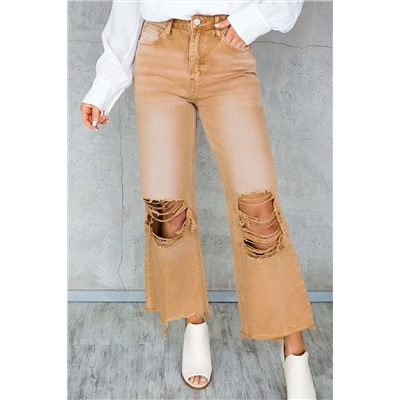 Brown Distressed Hollow-out High Waist Cropped Flare Jeans