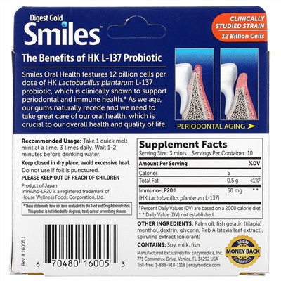 Enzymedica, Digest Gold Smiles Oral Health Probiotic, 30 Quick Melt Mints