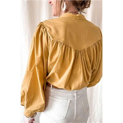 Yellow Puff Sleeve Pleated Loose Shirt