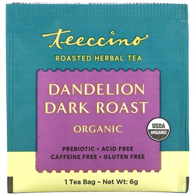 Teeccino, органический обжаренный травяной чай, одуванчик темного способа обжаривания, без кофеина, 25 чайных пакетиков, 150 г (5,3 унции)