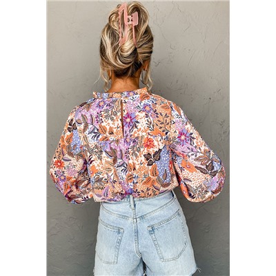 Multicolour Floral Bishop Sleeve Frilled Round Neck Blouse