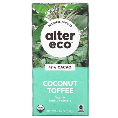 Alter Eco, плитка органического темного шоколада, кокос и ирис, 47% какао, 80 г (2,82 унции)