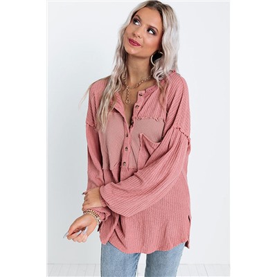 Pink Frayed Patchwork Waffle Knit Top