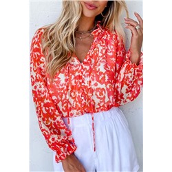 Red Floral Ruffled Notched V-Neck Blouse