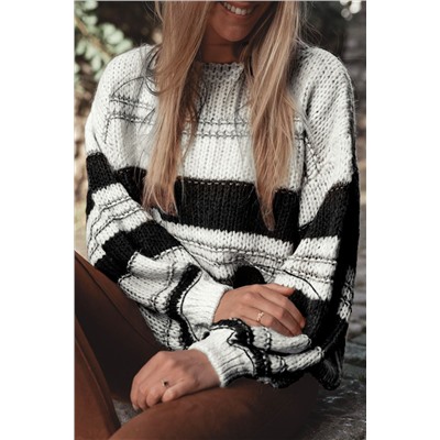 Black Stripe Striped Knit Puff Sleeve Casual Sweater