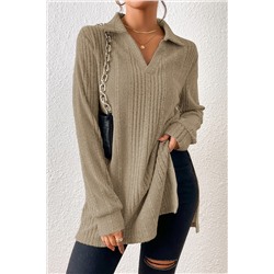 Apricot Ribbed Knit V Neck Collared Split Hem Tunic