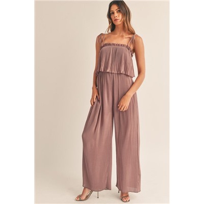 Rose Tan Solid Self Tied Straps Pleated Wide Leg Jumpsuit