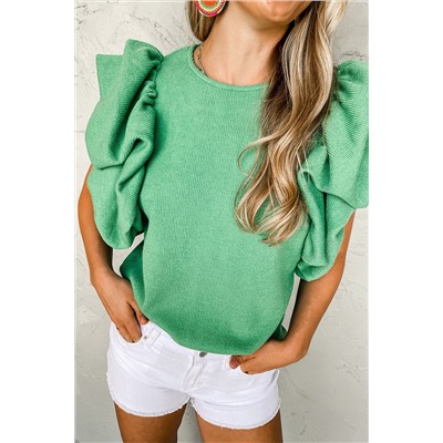 Green Ribbed Knit Puffy Ruffle Sleeve Blouse