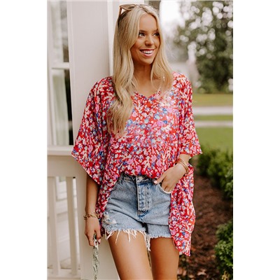 Red Abstract Floral Print Oversize Tunic Top