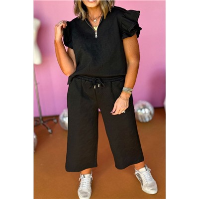 Black Plus Ruffled Sleeve Quarter Zip Top Wide Leg Pants Set